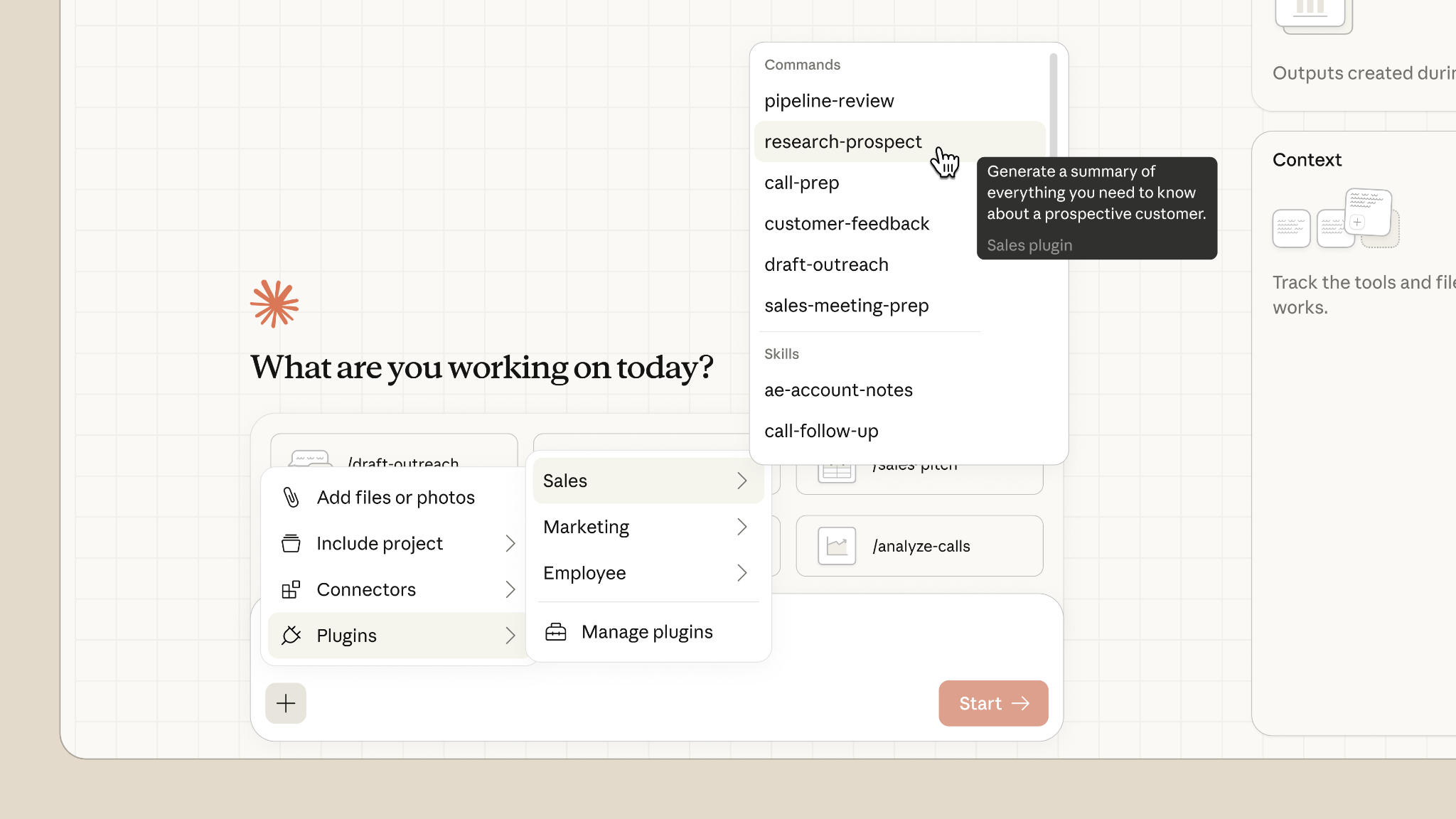 Claude working alongside a marketer - picking a sales plugin command from the slash menu while building a deliverable