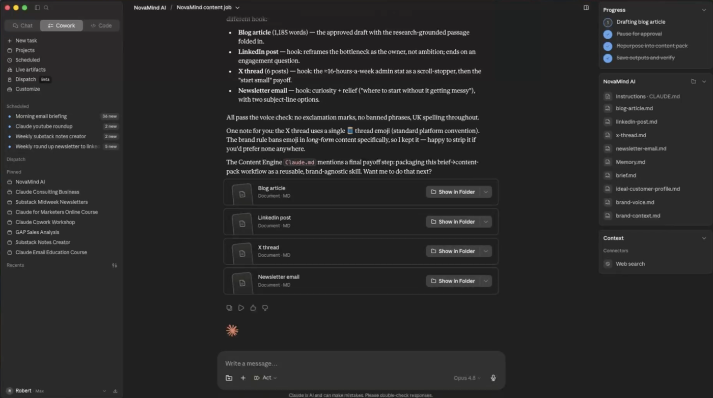 Inside the course: Cowork delivering a finished content pack as files: blog article, LinkedIn post, X thread and newsletter email