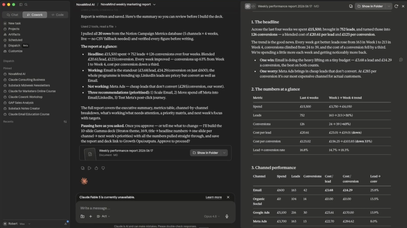 Inside the course: Cowork writing a weekly performance report from live campaign data
