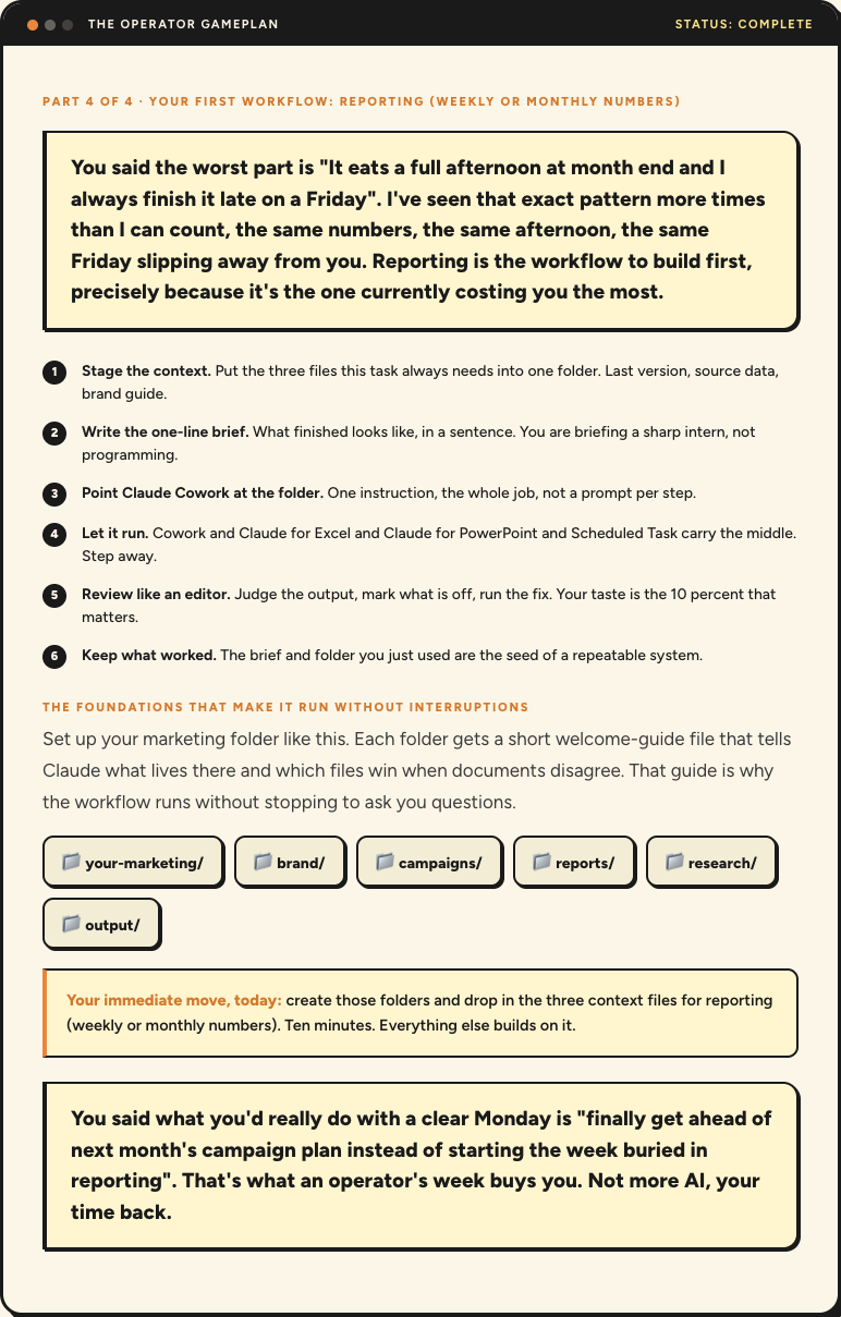 Part 4 of a real gameplan: the first workflow steps, folder skeleton and the buyer's own Monday answer quoted back
